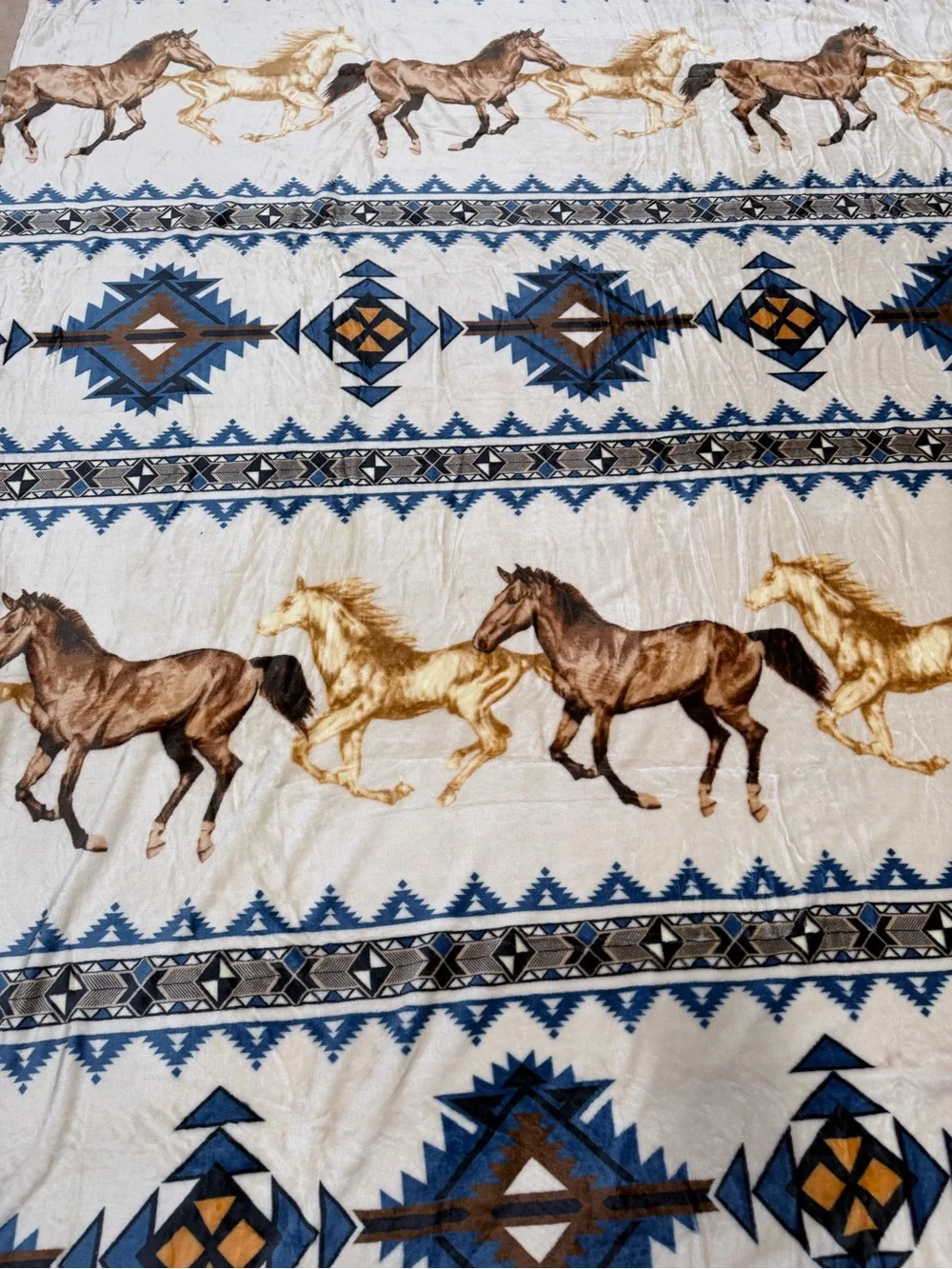 Queen Southwest tribal Aztec Horses Plush fleece Blanket - Turquoise & Brown